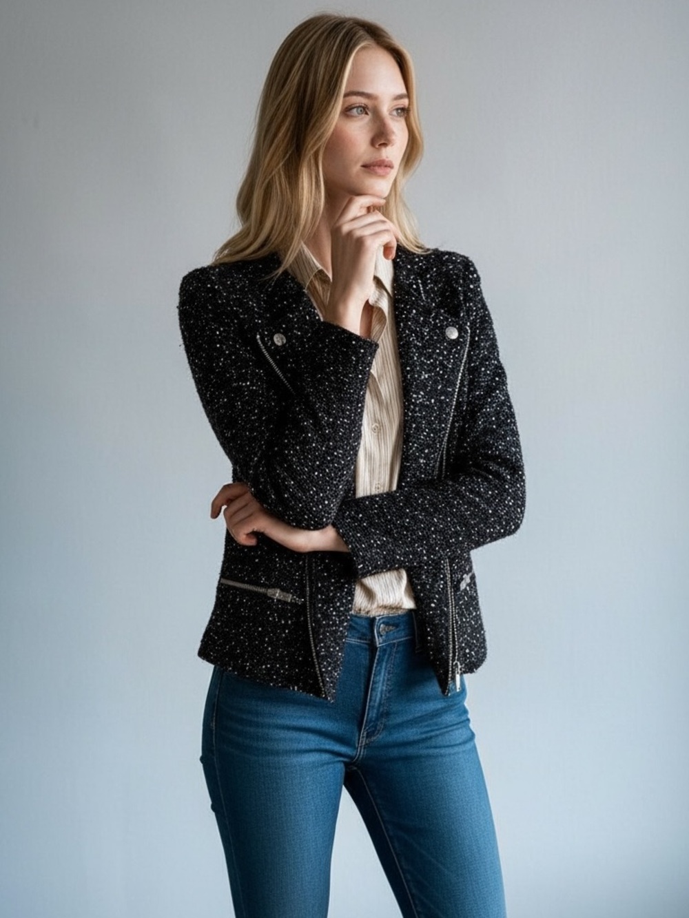 Zara Black Tweed Moto Jacket with Silver Hardware